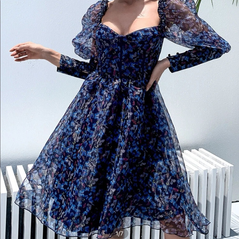 Sweetheart neck gigot sleeve butterly mesh dress